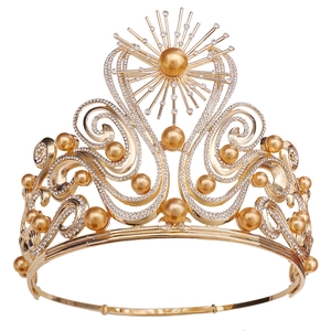 Luxury gold baroque tiara with champagne pearls and crystals for wedding pageant