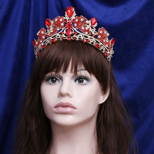 Royal golden bridal crown with red teardrop crystals and white sparkling diamonds