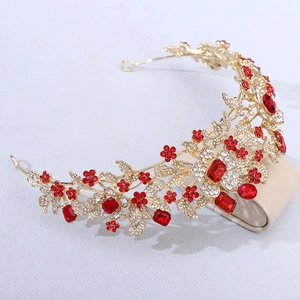 Golden crown with red rhinestones and floral design for princess bridal accessories