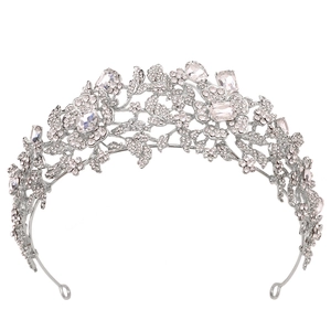 Elegant silver flower tiara with sparkling rhinestones and large rectangular crystals