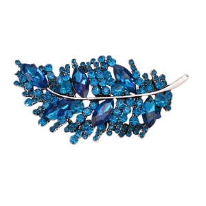 Spilla a forma di foglia con cristalli blu scuro e finitura argento per accessori donna