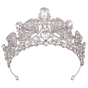 Close-up of bridal crown featuring pear-cut crystals and intricate silver alloy details