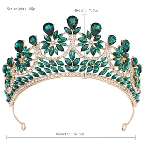 Detailed size guide for green crystal tiara showing 7.5cm height and 15.5cm diameter