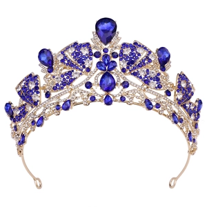 Elegant bridal crown with gold alloy base and deep blue crystal rhinestones