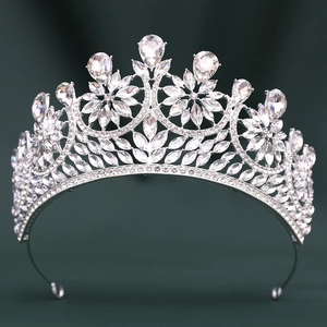 Detailed macro view of silver bridal crown with marquise and teardrop crystals