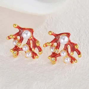 Boucles d'oreilles corail rouge et perles élégantes en acier inoxydable doré rétro