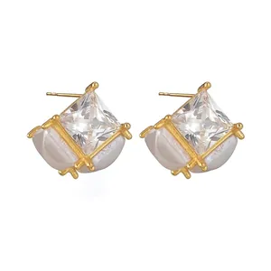 Minimalistische Edelstahl Quadrat Zirkonia Ohrstecker Vergoldet Geometrische Kunstperle Ohrringe Für Damen Schmuck