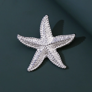 Macro shot of silver starfish brooch featuring detailed textured surface on dark background