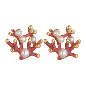 Boucles d'oreilles clous corail rouge avec perles et strass en acier inoxydable doré bijoux pour femmes fête mariage décor