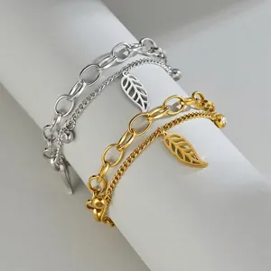 Bracelet double couche minimaliste avec pendentif feuille en or et argent