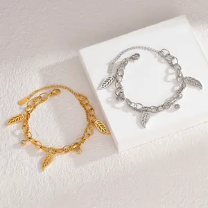 Bracelets double rang à pendentifs feuilles et zircons élégants en coloris or et argent