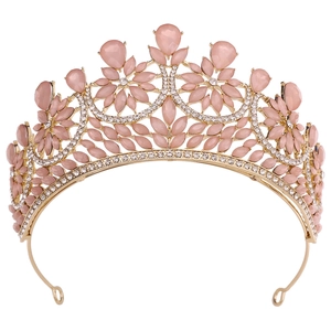Baroque golden bridal crown with pink crystals and rhinestones for wedding hairstyles