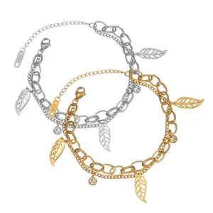 Bracelet Minimaliste en Acier Inoxydable avec Pendentif Feuille pour Femmes Élégant Double Couche Incrusté de Strass Bijoux Cadeau