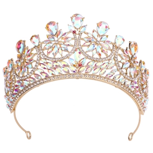 Detailed macro view of the gold alloy bridal crown with colorful AB rhinestones and crystals
