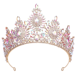 Baroque gold bridal crown with AB iridescent crystals on a clean white background