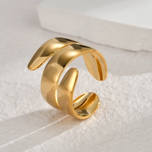 Polished geometric gold open ring with a layered streamline design for women