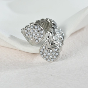 Silver V-shape layered open ring with inlaid pearls and textured minimalist design