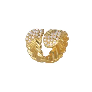 Adjustable Stainless Steel Ring With Zirconia Imitation Artificial Pearl Braided Herringbone Texture Fashion Jewelry For Women