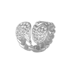 Silver open ring with zircon shield accents and textured herringbone band design