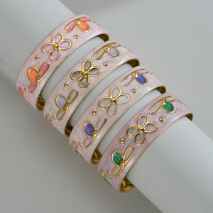 Vintage enamel floral open bangles in titanium steel with colorful butterfly relief