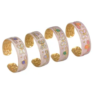 Vintage Floral Butterfly Enamel Cuff Bangle Stainless Steel Gold Plated Open Bracelet For Women Fashion Jewelry