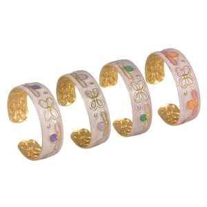 Set of four colorful enamel flower butterfly open bangles in gold plated titanium steel