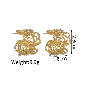 Vintage hollow gold rose stud earrings featuring detailed layered petals for women