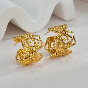 Elegant 18K gold plated rose flower hoop earrings with intricate hollow-out texture design