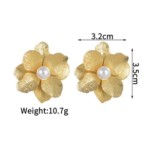 Detailansicht goldener Blumenohrringe mit Perlenmitte und gebürstetem Metallfinish