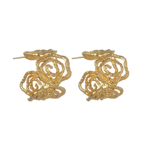 Irregular Hollow Out Rose Flower Stainless Steel Stud Earrings For Women 18K Gold Plated Vintage Minimalist Floral Earrings Jewelry