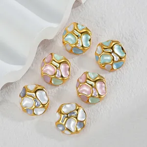 Irregular round gold-edged enamel earrings in Morandi colors on white stone