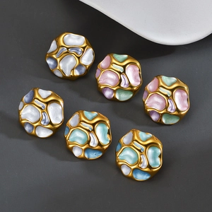 Irregular textured gold circular earrings with multi-colored enamel inlays in six-piece set