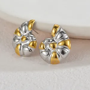 Golden and silver spiral conch shell stud earrings in stainless steel for women