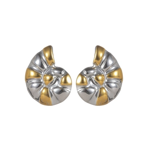 Polished gold and silver spiral nautilus stud earrings in stainless steel shell design