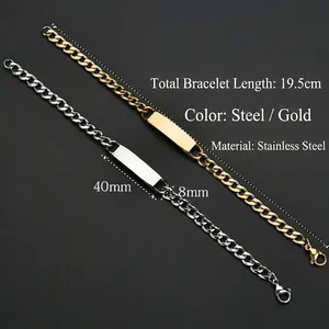Bracciale da uomo in acciaio inossidabile con piastrina rettangolare e catena a maglia cubana