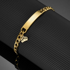 Bracciale a catena cubana in acciaio dorato con targhetta incisibile e corona pendente