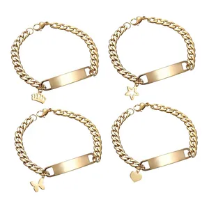 Bracciale a Catena Curb in Acciaio Inossidabile con Barra ID per Uomo Donna Piastra Lucida Corona Cuore Farfalla Stella Ciondolo Gioielli