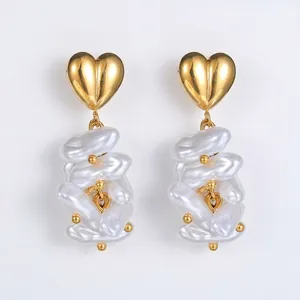 Boucles d'oreilles Pendantes en Acier Inoxydable Cœur Künstliche Perle Baroque Design à Pampilles de Künstliche Perles Irrégulières pour Femmes Bijoux