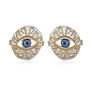 Boucles d'oreilles œil maléfique bohème en acier or et argent à texture martelée