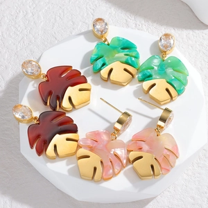 Stainless Steel Monstera Leaf Rhinestone Drop Earrings For Women Fashion Resin Tropical Leaf Jewelry Trend Party Gift