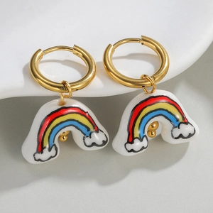 Cute rainbow cloud pendant hoop earrings in gold stainless steel for a sweet stylish look