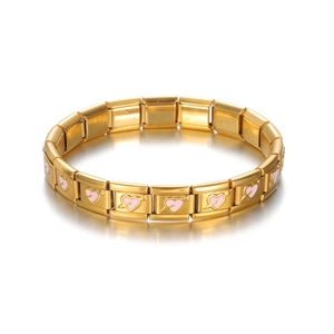 Bracciale modulare in acciaio inossidabile dorato con cuore in smalto rosa e freccia