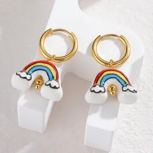 Cute rainbow and cloud charms on gold stainless steel hoop earrings for women