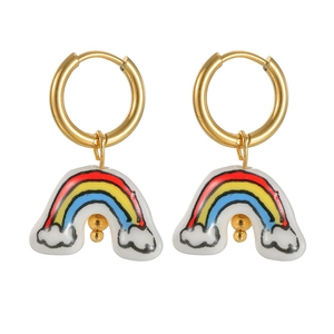 Cute rainbow cloud pendant hoop earrings in stainless steel and ceramic for women