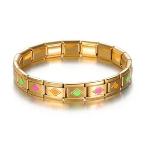 Bracciale Charm Italiano per Donna in Acciaio Inossidabile Smalto Colorato Rombo Modulare Fascia Elastica Gioielli di Moda