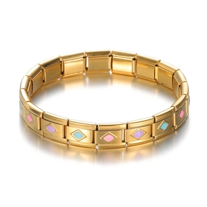 Bracciale a maglie italiane in acciaio inossidabile dorato con smalto a forma di diamante