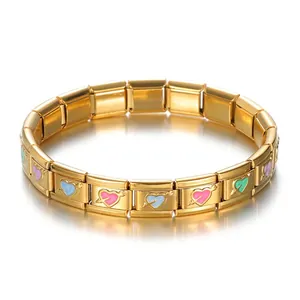 Bracelet Charm Italien Modulaire en Acier Inoxydable Or pour Femmes Bracelet à Maillons en Émail Coloré Cœur Flèche de Cupidon