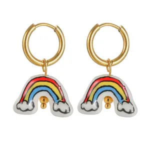Cute Rainbow Cloud Hoop Earrings Stainless Steel Gold Plated Multi-Color Drip Oil Pendant Jewelry For Women Girls