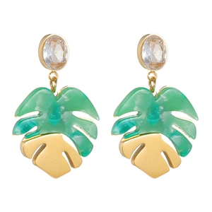 Tropical monstera leaf earrings with emerald green resin and sparkling zircon crystal