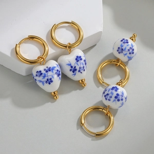 Blue and white floral porcelain heart earrings and round beads with gold hoops